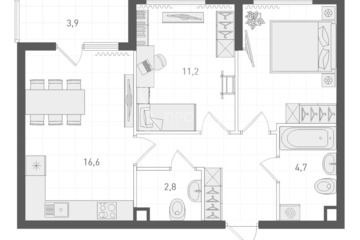 2-к квартира, 53,6 м², 1/21 эт.